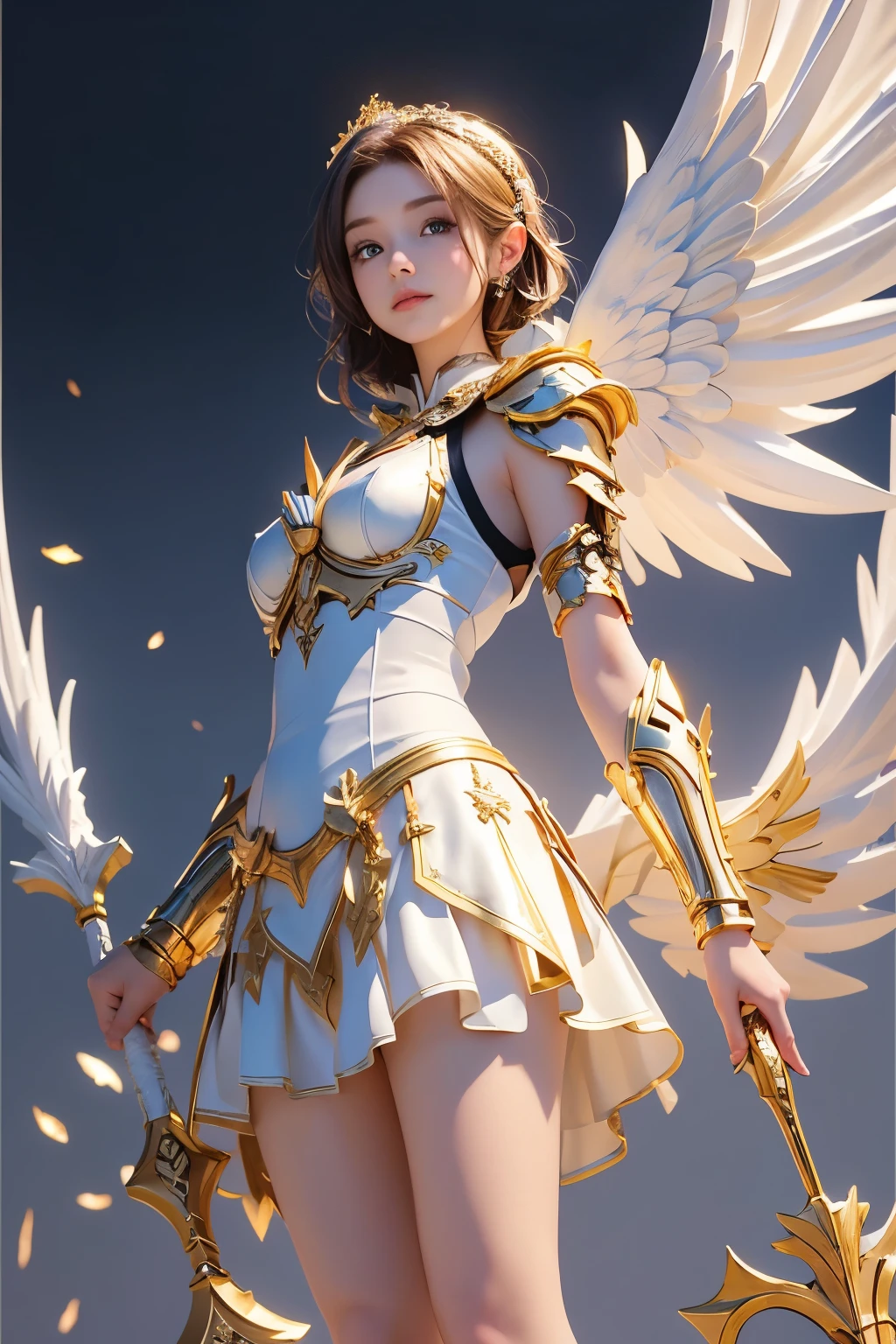 8K, masterpiece, ((angel of justice)),(Reflect the dizzying light on the blade), white feathers, Equipped with golden armor over a white dress,shining eyes,Holly gold colored background, wrap skirt,