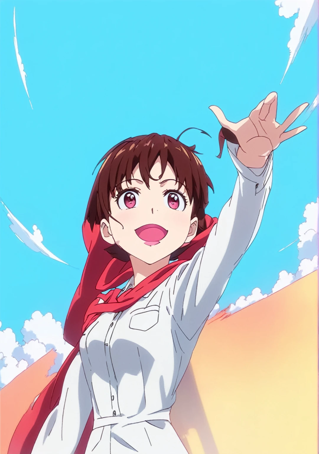 sea background, the rising sun, Lots of clouds, Many fields and farm buildings, cartoon girl with a red scarf waving her hand, pose(holding a weapon + happy), [ digital art ]!!, she expresses joy, with holding a weapon, Cell Shading!!!, Cell Shading:15, Heavy gesture style close-up shots, waving and smiling, waving, in anime style, happy expression, in anime style, exciting expression, excited expression, 