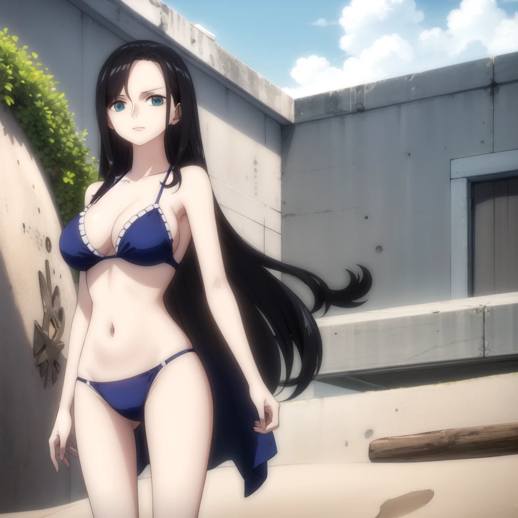 nicorob, slicked back hair, large breasts, mature, front view, standing infront of beach, wearing bikini 