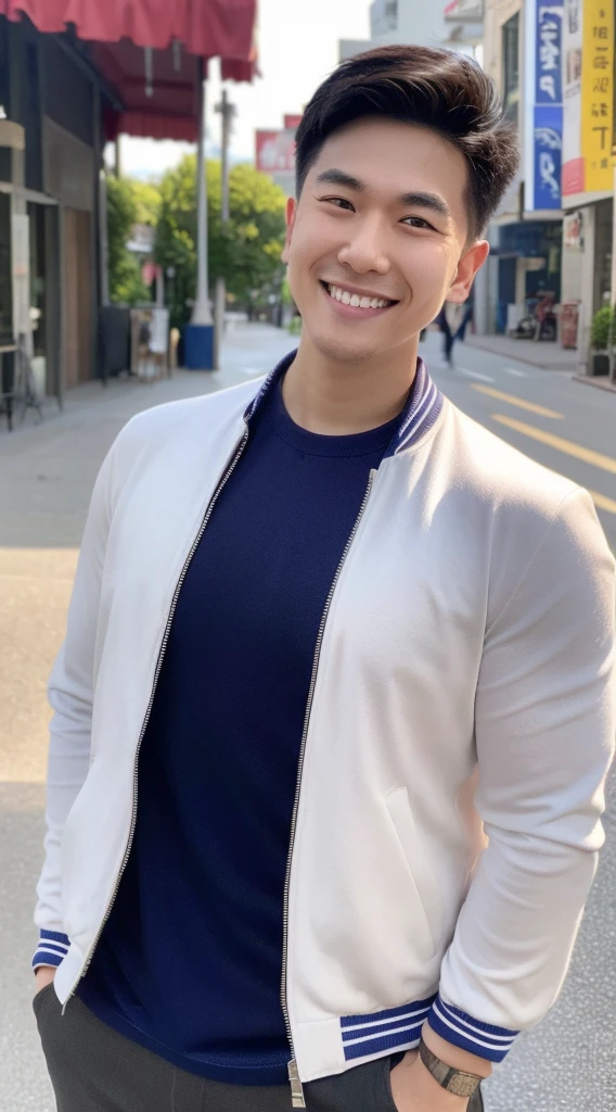 Masterpiece, best quality best, ung man, Asian man, East Asian people, one person, The muscles are in good proportion., Posing obscenely, short hair details,smile, white teeth, jacket set, road background, Realistic style,photography,Can be seen from the front, see viewers