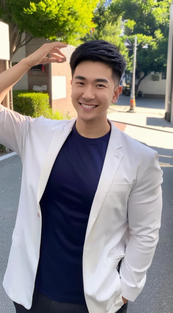 Masterpiece, best quality best, 1 young man, Asian man, East Asian people, one person, The muscles are in good proportion., Posing obscenely, short hair details,smile, white teeth, jacket set, road background, Realistic style,photography,Can be seen from the front, see viewers