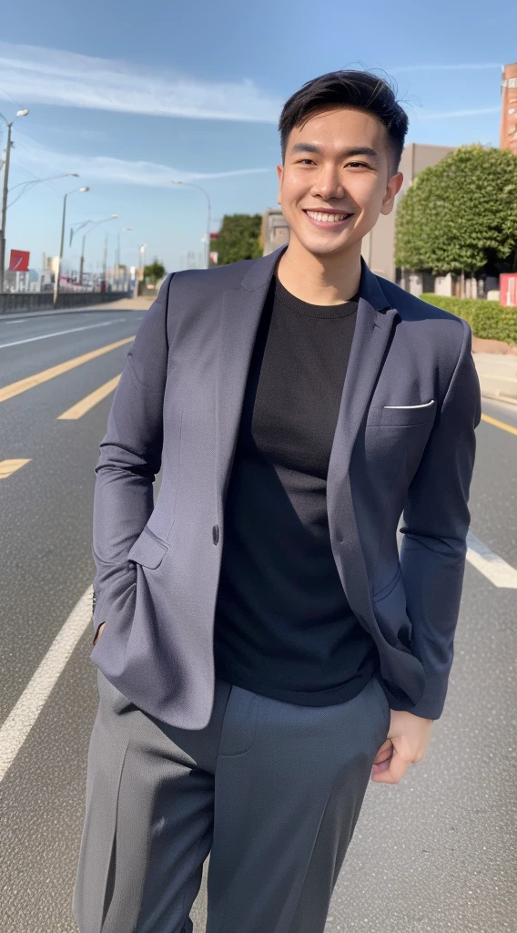 Masterpiece, best quality best, ung man, Asian man, East Asian people, one person, The muscles are in good proportion., Posing obscenely, short hair details，smile, white teeth, jacket set, road background, Realistic style，photography，Can be seen from the front, see viewers