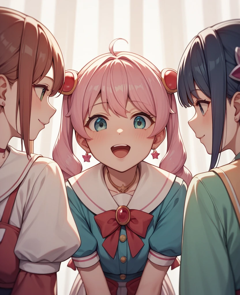 Highest quality, Very detailed, masterpiece, anime,Highest quality,Japanese ,Three Girls,Holiday outings,Transparent haori,Browsing Caution,Magical girl、Upper Body、Close Contact、lure、Provocative look、Leaning forward、bring your chest to the center