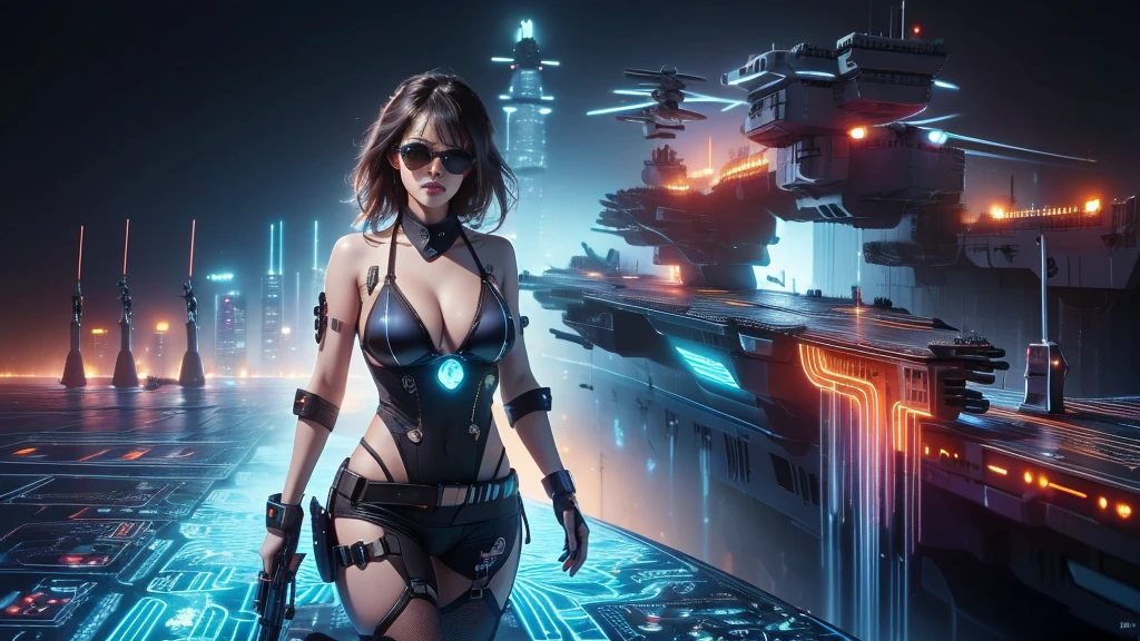 (((a large-breast bikini slim GIRL with black (micro) sunglasses))), (((((aiming at viewer with a pistol))))), a balcony of a futuristic building, aerial view of an ultra-futuristic megalopolis, metal buildings and houses in dark colors from dark blue to black, shades of metal gray, smoky metal structures, industrial environment with smoke and fog around, dark cars on the streets, desert megalopolis, modern metal rails and trains passing through, tall futuristic metal buildings, ultra modern buildings, (((((futuristic aircraft carrier))))), realistic, detailed, sci-fi.