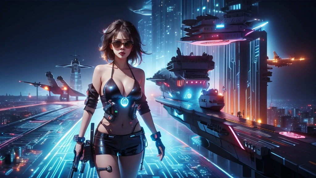 (((a large-breast bikini slim GIRL with black (micro) sunglasses))), (((((aiming at viewer with a pistol))))), a balcony of a futuristic building, aerial view of an ultra-futuristic megalopolis, metal buildings and houses in dark colors from dark blue to black, shades of metal gray, smoky metal structures, industrial environment with smoke and fog around, dark cars on the streets, desert megalopolis, modern metal rails and trains passing through, tall futuristic metal buildings, ultra modern buildings, (((((futuristic aircraft carrier))))), realistic, detailed, sci-fi.