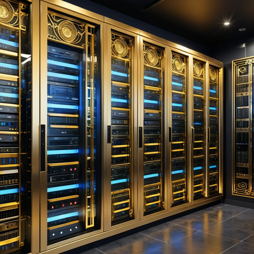 A server room professionally designed with full computer and hard drive racks, router and switches behind a glass wall. A large part of the server is dedicated to media files such as movies. The rom is Art Deco style ornate micro detailed. Primary colors are gold and silver.