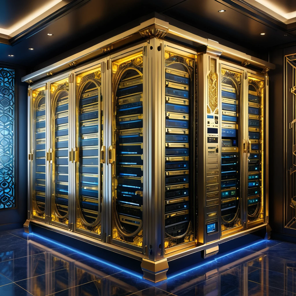 A server room professionally designed with full computer and hard drive racks, router and switches behind a glass wall. A large part of the server is dedicated to media files such as movies. The rom is Art Deco style ornate micro detailed. Primary colors are gold and silver.