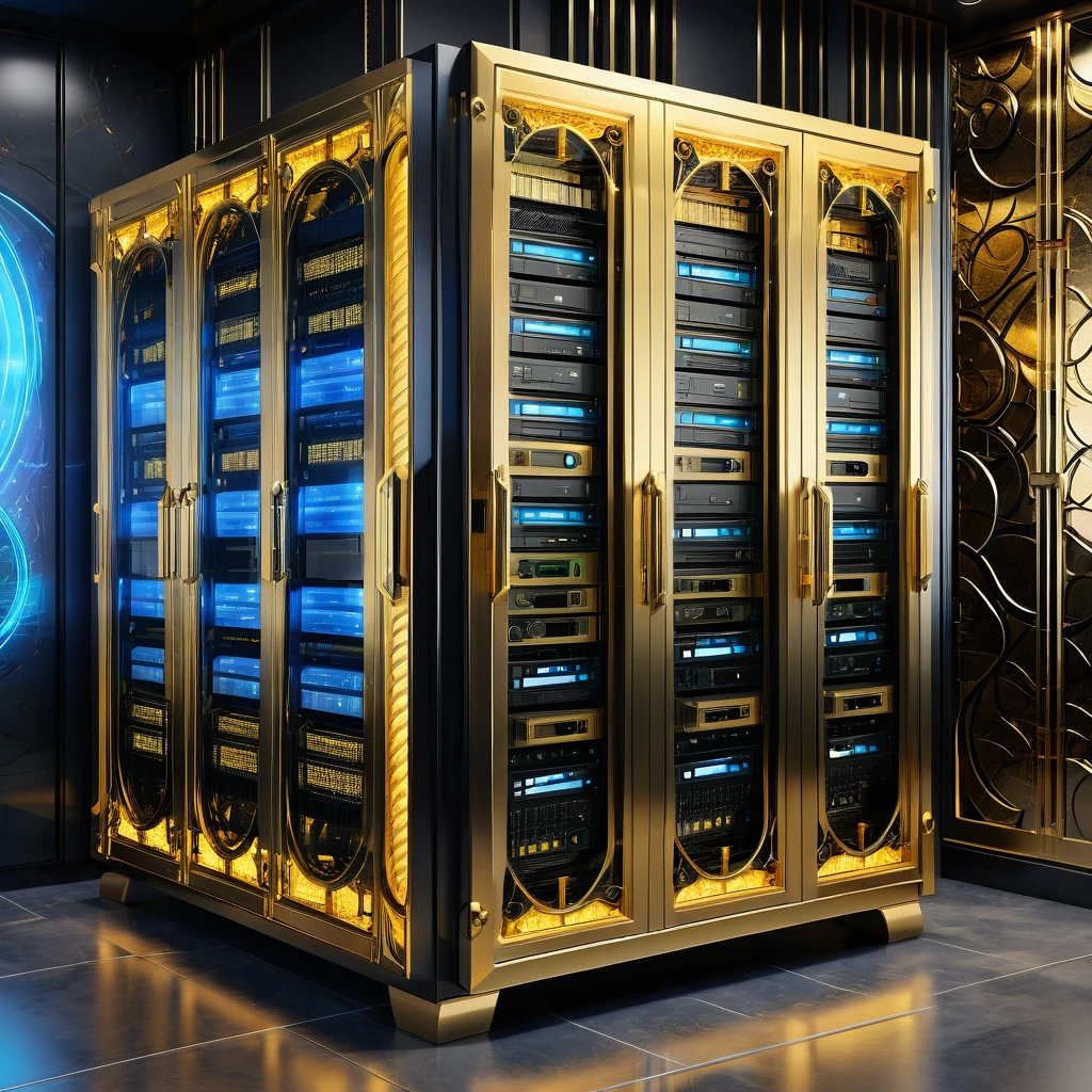 A server room professionally designed with full computer and hard drive racks, router and switches behind a glass wall. A large part of the server is dedicated to media files such as movies. The rom is Art Deco style ornate micro detailed. Primary colors are gold and silver.