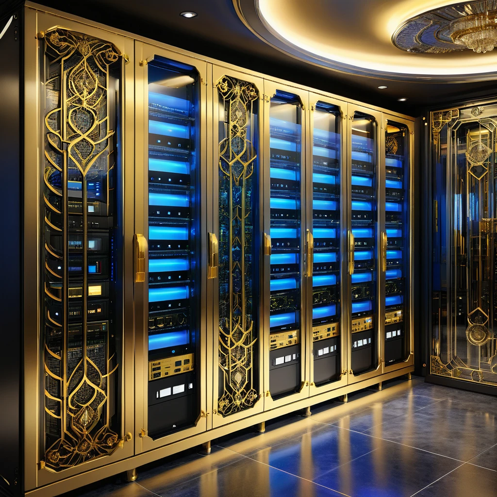 A server room professionally designed with full computer and hard drive racks, router and switches behind a glass wall. A large part of the server is dedicated to media files such as movies. The rom is Art Deco style ornate micro detailed.  Primary colors are gold and silver.