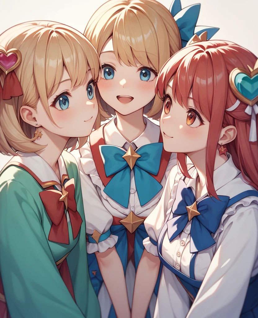 Highest quality, Very detailed, masterpiece, anime,Highest quality,Japanese ,Three Girls,Holiday outings,Transparent haori,Browsing Caution,Magical girl、Upper Body、Close Contact、lure、Provocative look、Leaning forward、bring your chest to the center