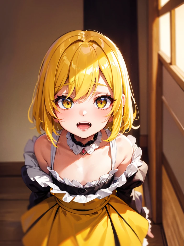 1baby li anime girl, portrait, loli anime girl with short yellow hair wearing maid outfit, yellow hair, green emelard eyes, close up face, detailed eyes, detailed hair, emotional lovely happy expression, crystal glowing eyes, cinematic lighting, extremely detailed body, face, clothes, (best quality,4k,8k,highres,masterpiece:1.2),ultra HD, masterpiece, very very anime style, bokeh, starry shining lighting, original characters