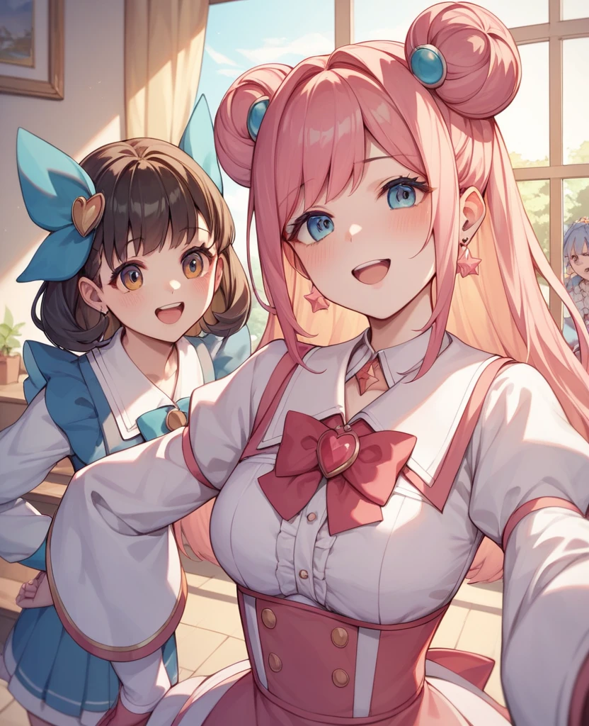 Highest quality, Very detailed, masterpiece, anime,Highest quality,Japanese ,Three Girls,Holiday outings,Transparent haori,Browsing Caution,Magical girl、Upper Body、Close Contact、lure、Provocative look、Leaning forward、bring your chest to the center