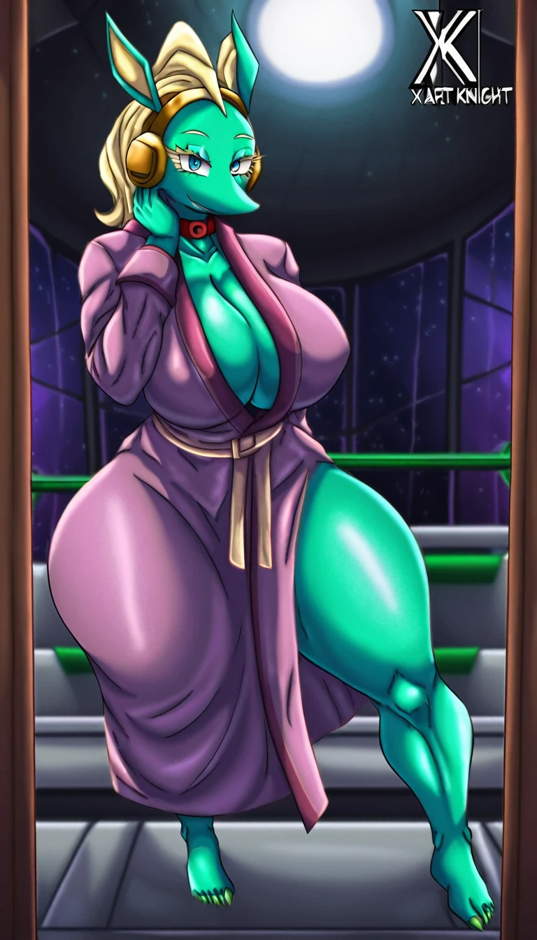 (((highly detailed, high quality, masterpiece, beautiful))), (((full shot))), (((full body view))), (((front view))), ippan josei, my hero academia, (((by Xartknight))), solo, (((athletic female))), (((taller female))), (((large body))), (((voluptuous body))), sensual body, curvy figure, curvaceous, absurd res, hi res, quirked human my hero academia, mammal, (((teal body))), teal skin, two tone body, two tone skin, tan inner ear, tan snout, tan front neck, tan breasts, tan stomach, tan middle of the thighs, tan middle of the butt, tan palms, tan soles, blue eyes, blonde hair, blonde eyebrowns, blonde eyelashes, eyeliner, green claws, black thick bottom lip, Ears, narrow eye, thick eyebrowns, (((raised inner brow and brow lowed eyebrown))), shoulder length hair, hair combed back, red buckle on the forehead, long lock of hair on the forehead, (((large breasts))), (((large back))), humanoid feet, humanoid hands, 5 fingers, 5 toes, claws, (((busty))), wide hips, (((large hips))), (((Big ass))), (((large ass))), (((bubble ass))), (((soft ass))), (((thick thighs))), huge thighs, (((large thighs))), (((large legs))), plantigrade, cameltoes, (((feet detail))), signature, (((horny face))), smile, (((looking at viewer))), (((standing))), (((board short robe))), (((cleavage))), choker, in a spaceship next to a large window space