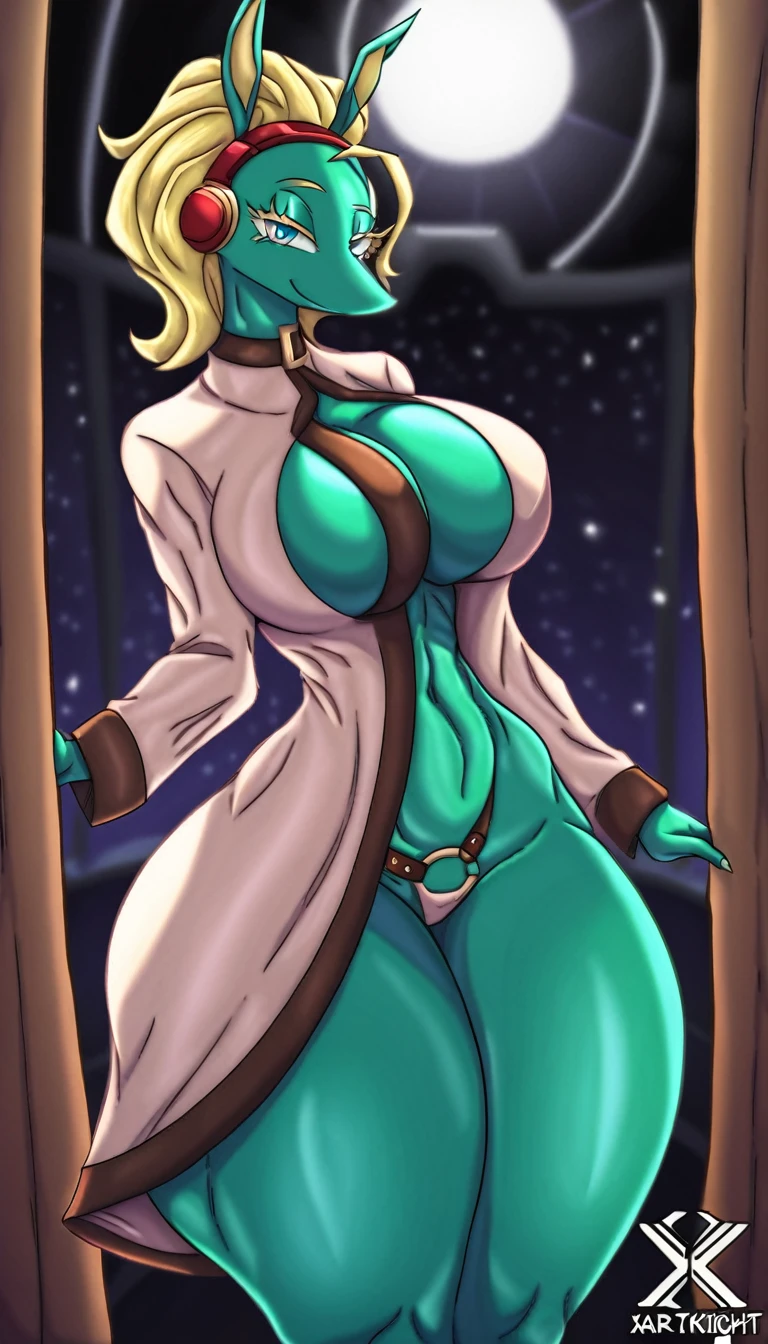 (((highly detailed, high quality, masterpiece, beautiful))), (((full shot))), (((full body view))), (((front view))), ippan josei, my hero academia, (((by Xartknight))), solo, (((athletic female))), (((taller female))), (((large body))), (((voluptuous body))), sensual body, curvy figure, curvaceous, absurd res, hi res, quirked human my hero academia, mammal, (((teal body))), teal skin, two tone body, two tone skin, tan inner ear, tan snout, tan front neck, tan breasts, tan stomach, tan middle of the thighs, tan middle of the butt, tan palms, tan soles, blue eyes, blonde hair, blonde eyebrowns, blonde eyelashes, eyeliner, green claws, black thick bottom lip, Ears, narrow eye, thick eyebrowns, (((raised inner brow and brow lowed eyebrown))), shoulder length hair, hair combed back, red buckle on the forehead, long lock of hair on the forehead, (((large breasts))), (((large back))), humanoid feet, humanoid hands, 5 fingers, 5 toes, claws, (((busty))), wide hips, (((large hips))), (((Big ass))), (((large ass))), (((bubble ass))), (((soft ass))), (((thick thighs))), huge thighs, (((large thighs))), (((large legs))), plantigrade, cameltoes, (((feet detail))), signature, (((horny face))), smile, (((looking at viewer))), (((standing))), (((board short robe))), (((cleavage))), choker, in a spaceship next to a large window space