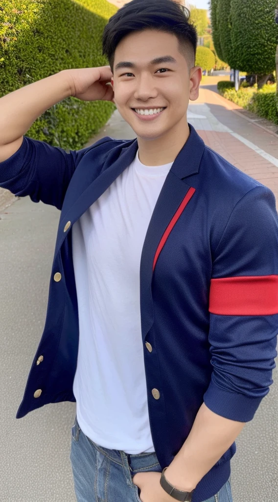 Masterpiece, best quality best, 1 young man, Asian man, East Asian people, one person, The muscles are in good proportion., Posing obscenely, short hair details,smile, white teeth, jacket set, road background, Realistic style,photography,Can be seen from the front, see viewers
