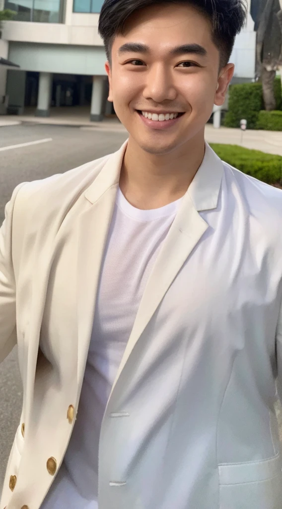 Masterpiece, best quality best, 1 young man, Asian man, East Asian people, one person, The muscles are in good proportion., Posing obscenely, short hair details，smile, white teeth, jacket set, road background, Realistic style，photography，Can be seen from the front, see viewers