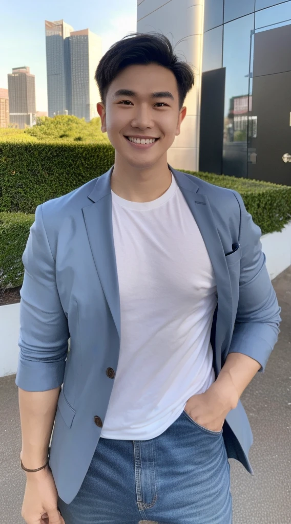 Masterpiece, best quality best, 1 young man, Asian man, East Asian people, one person, The muscles are in good proportion., Posing obscenely, short hair details，smile, white teeth, jacket set, road background, Realistic style，photography，Can be seen from the front, see viewers