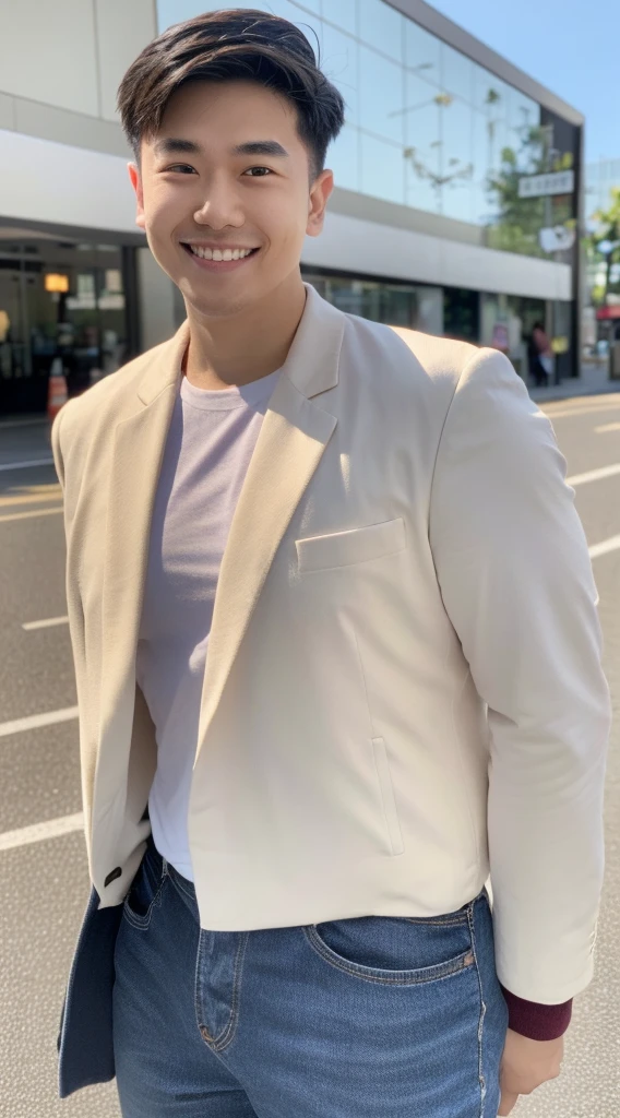 Masterpiece, best quality best, 1 young man, Asian man, East Asian people, one person, The muscles are in good proportion., Posing obscenely, short hair details,smile, white teeth, jacket set, road background, Realistic style,photography,Can be seen from the front, see viewers