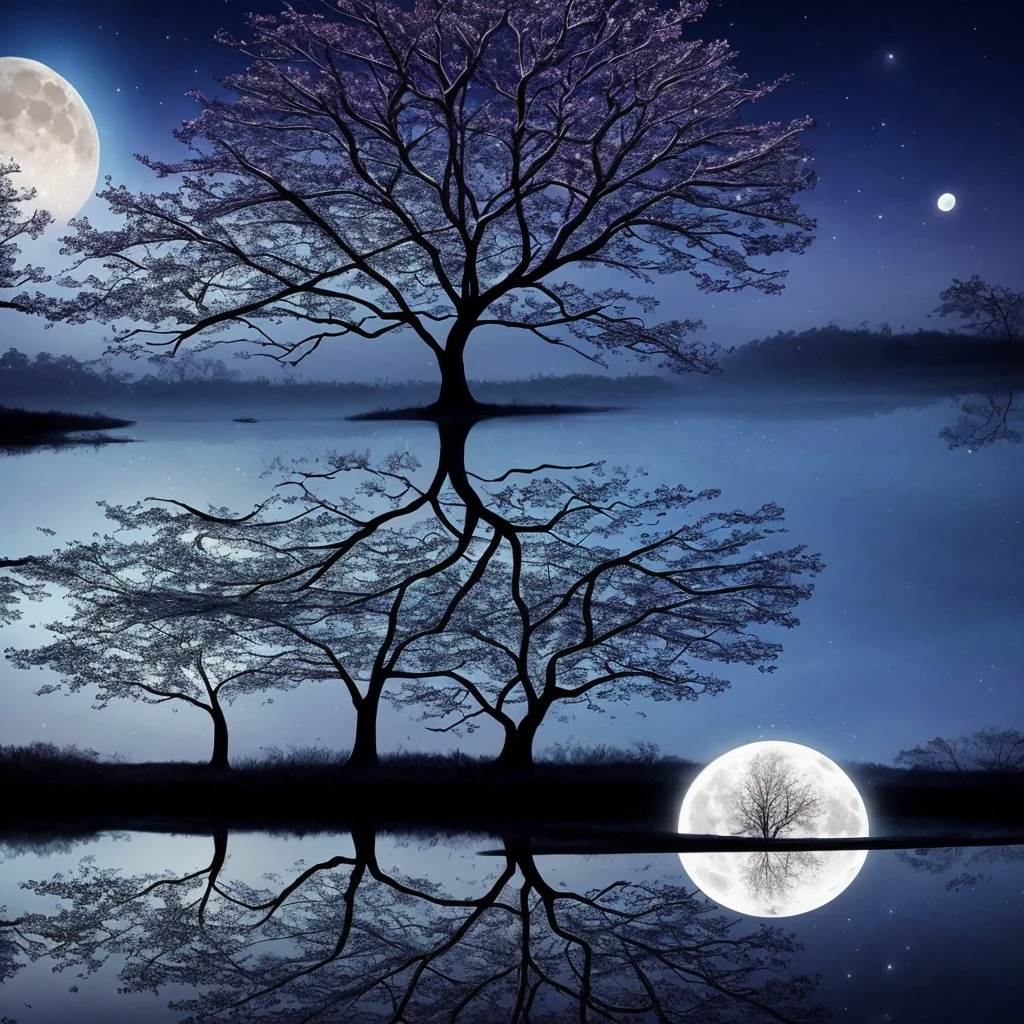 arafed image of a tree in a puddle with a full moon in the background, reflection of the moon, sandy white moon landscape, beautiful image ever created, beautiful!!! digital art, beautiful moonlight, gorgeous composition, by Igor Zenin, moon landscape, inspired by Igor Zenin, surreal scene, beautiful moon light, beautiful art, surreal tears from the moon