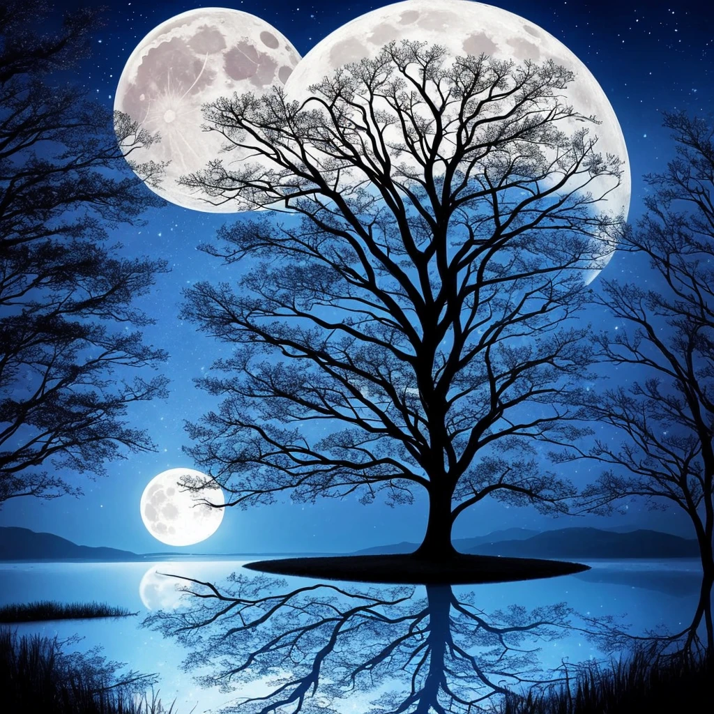 arafed image of a tree in a puddle with a full moon in the background, reflection of the moon, sandy white moon landscape, beautiful image ever created, beautiful!!! digital art, beautiful moonlight, gorgeous composition, by Igor Zenin, moon landscape, inspired by Igor Zenin, surreal scene, beautiful moon light, beautiful art, surreal tears from the moon