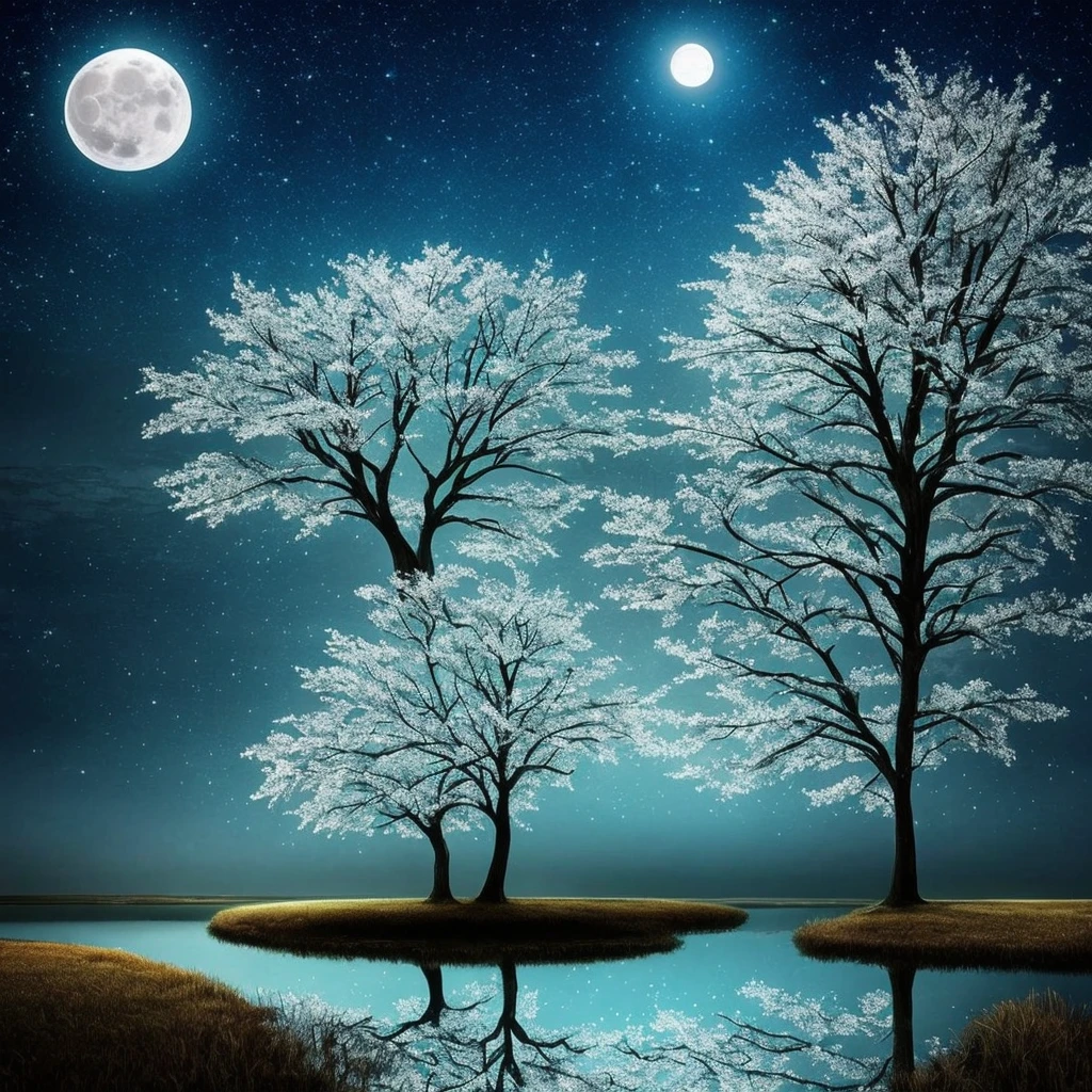 arafed image of a tree in a puddle with a full moon in the background, reflection of the moon, sandy white moon landscape, beautiful image ever created, beautiful!!! digital art, beautiful moonlight, gorgeous composition, by Igor Zenin, moon landscape, inspired by Igor Zenin, surreal scene, beautiful moon light, beautiful art, surreal tears from the moon