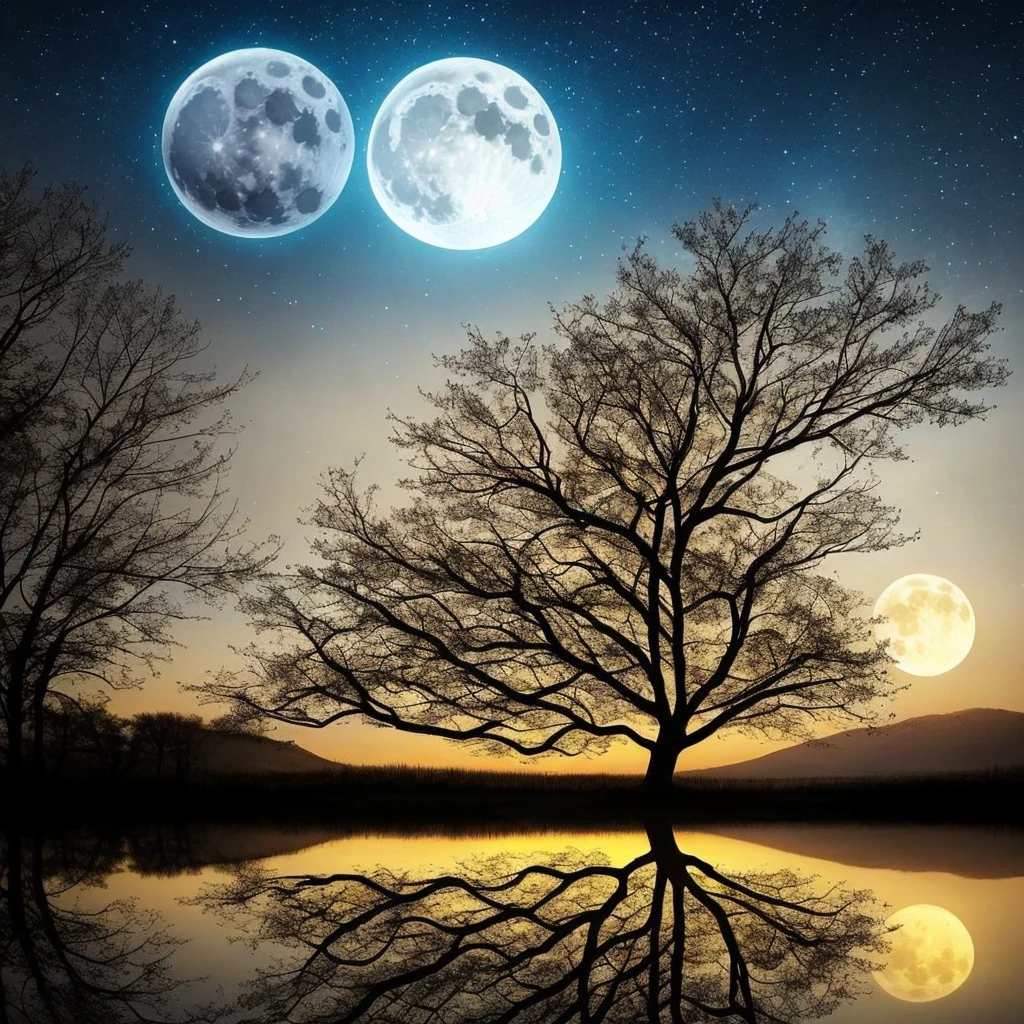 arafed image of a tree in a puddle with a full moon in the background, a photo by Igor Zenin, flickr, fantasy art, reflection of the moon, sandy white moon landscape, beautiful image ever created, beautiful!!! digital art, beautiful moonlight, gorgeous composition, moon landscape, surreal scene, beautiful moon light, amazing composition, beautiful art