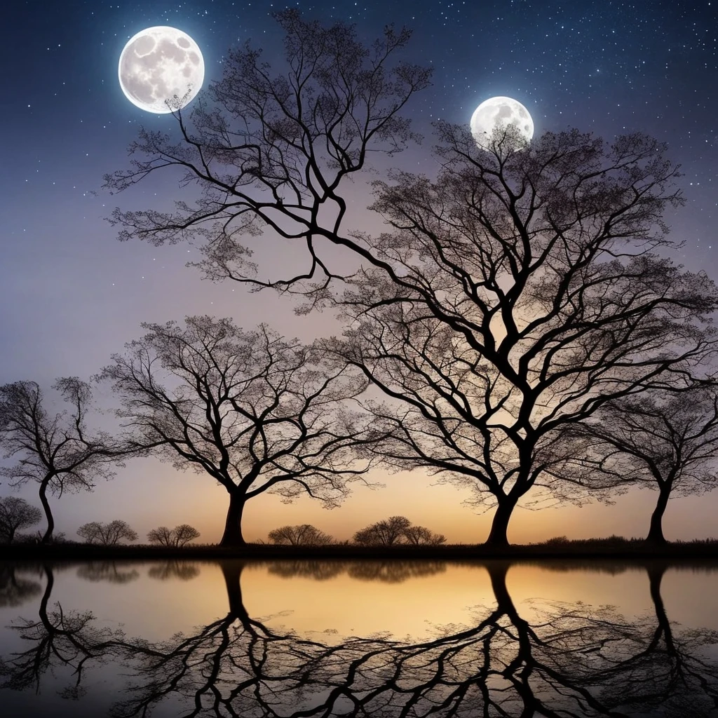 arafed image of a tree in a puddle with a full moon in the background, a photo by Igor Zenin, flickr, fantasy art, reflection of the moon, sandy white moon landscape, beautiful image ever created, beautiful!!! digital art, beautiful moonlight, gorgeous composition, moon landscape, surreal scene, beautiful moon light, amazing composition, beautiful art