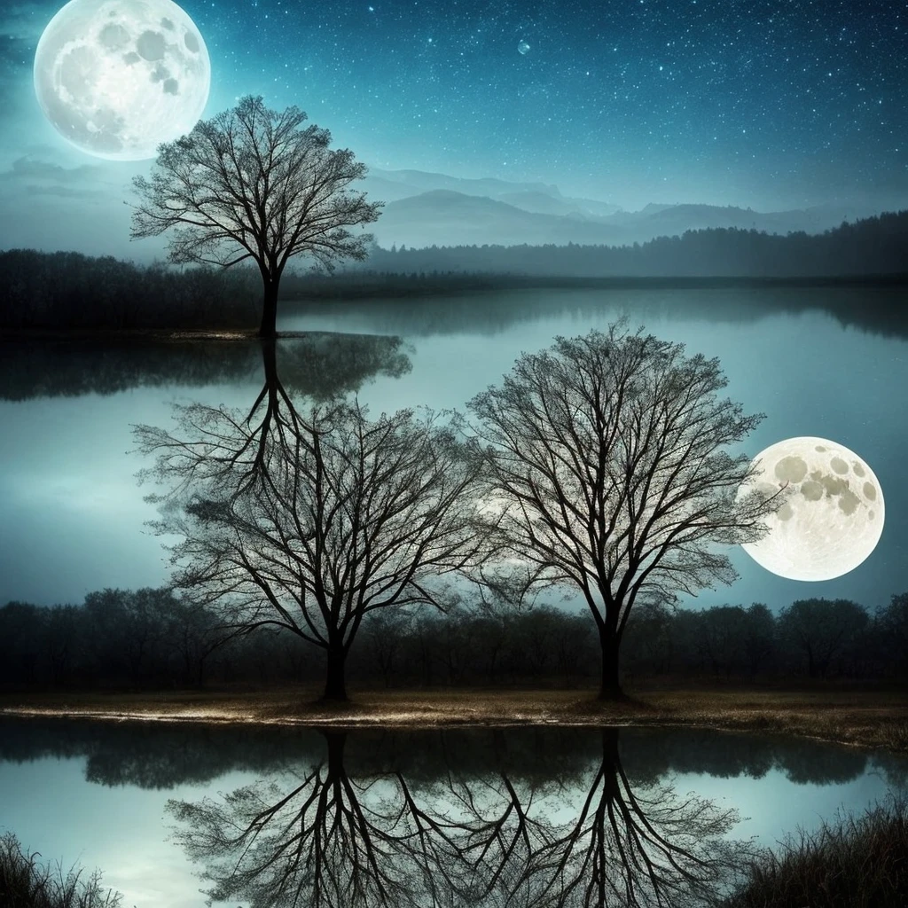 arafed image of a tree in a puddle with a full moon in the background, a photo by Igor Zenin, flickr, fantasy art, reflection of the moon, sandy white moon landscape, beautiful image ever created, beautiful!!! digital art, beautiful moonlight, gorgeous composition, moon landscape, surreal scene, beautiful moon light, amazing composition, beautiful art