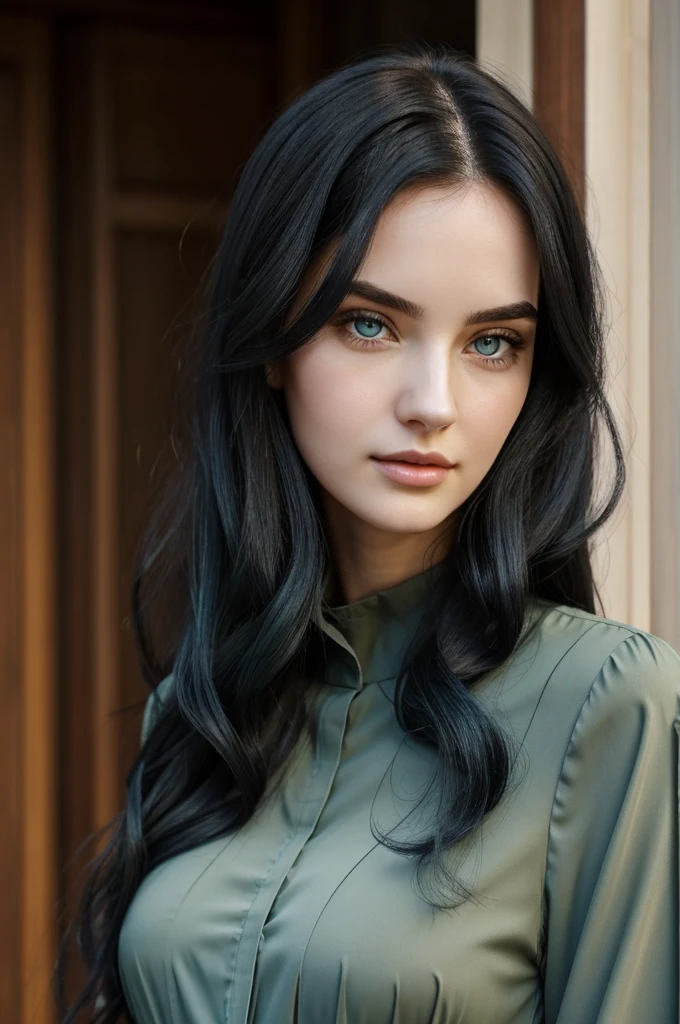 Woman with long wavy blue-black hair,olive green eyes,pale skin, dark blue high neck blouse,oval face shape