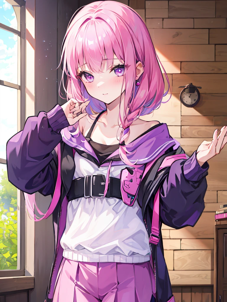 A girl. She is blushing. She has pink hair and purple eyes. 