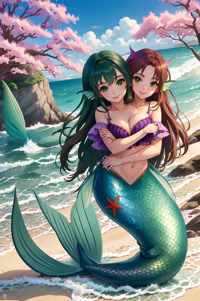 masterpiece, best quality:1.2), 1girl, smile, looking at viewer, green eyes, short brown hair, short green hair, mermaid, mermaid girl, wearing purple seashell bra, laying on beach across the sand, colorful mermaid tail, outdoors, head fins, fin ears, under cherry blossoms, conjoined, (two heads: 1.5),