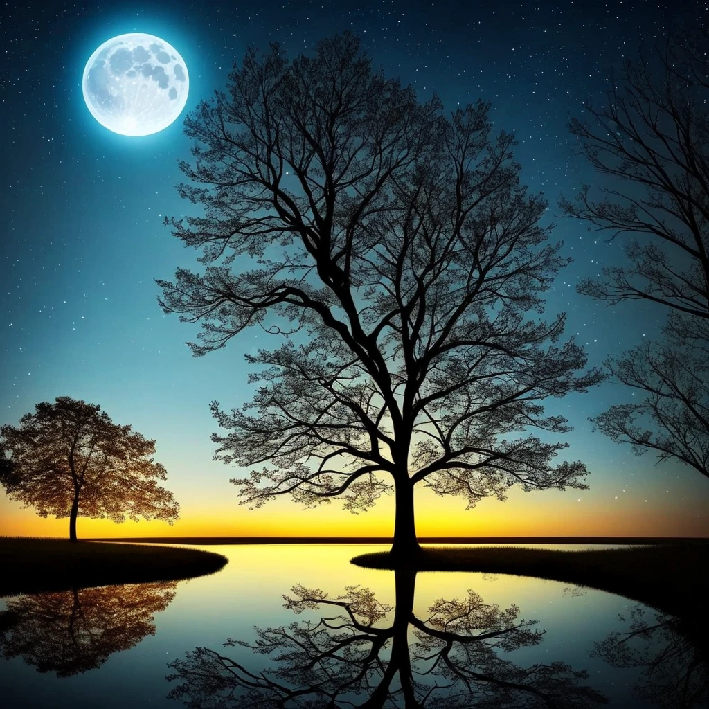 arafed image of a tree in a puddle with a full moon in the background, reflection of the moon, sandy white moon landscape, beautiful image ever created, beautiful!!! digital art, beautiful moonlight, gorgeous composition, by Igor Zenin, moon landscape, inspired by Igor Zenin, surreal scene, beautiful moon light, beautiful art, surreal tears from the moon