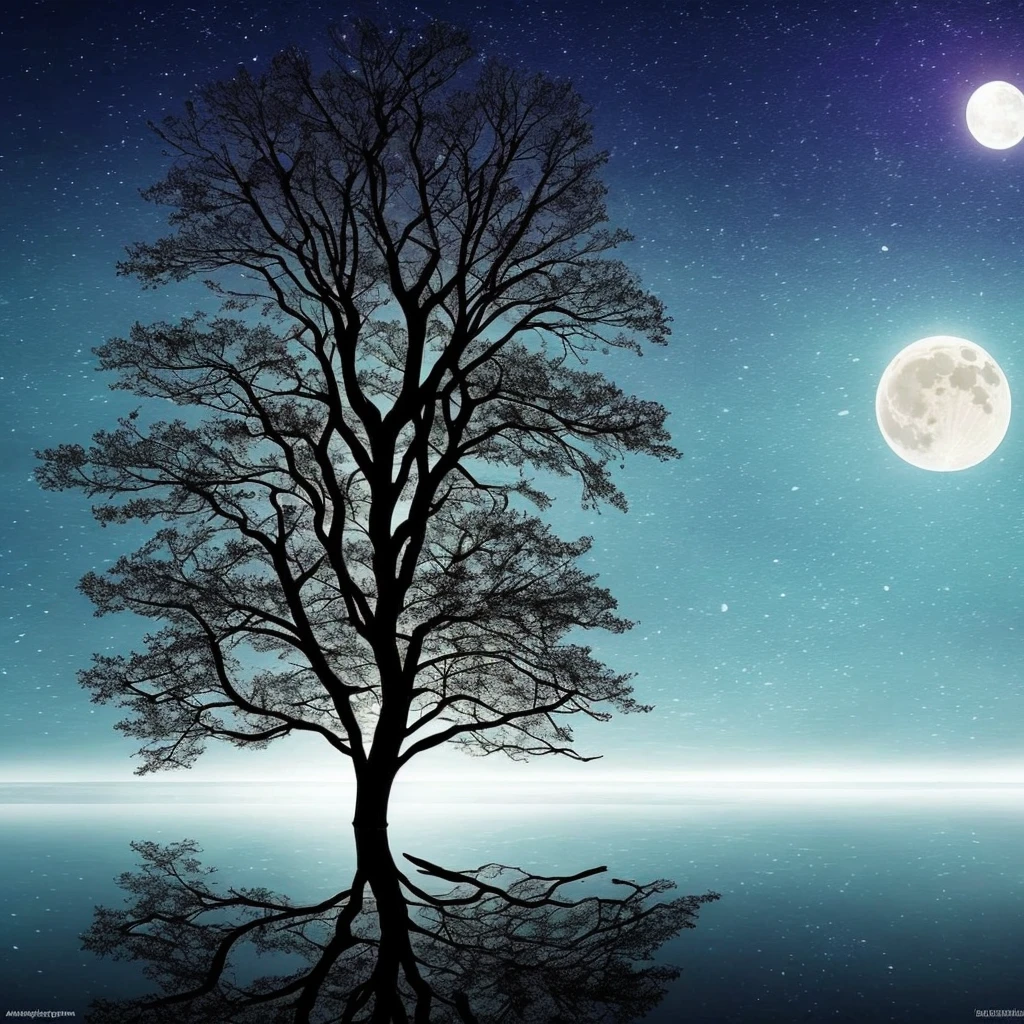 arafed image of a tree in a puddle with a full moon in the background, reflection of the moon, sandy white moon landscape, beautiful image ever created, beautiful!!! digital art, beautiful moonlight, gorgeous composition, by Igor Zenin, moon landscape, inspired by Igor Zenin, surreal scene, beautiful moon light, beautiful art, surreal tears from the moon
