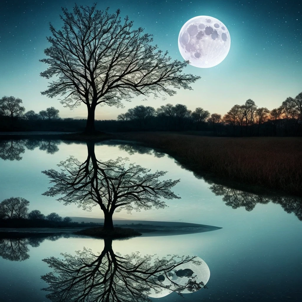 arafed image of a tree in a puddle with a full moon in the background, a photo by Igor Zenin, flickr, fantasy art, reflection of the moon, sandy white moon landscape, beautiful image ever created, beautiful!!! digital art, beautiful moonlight, gorgeous composition, moon landscape, surreal scene, beautiful moon light, amazing composition, beautiful art
