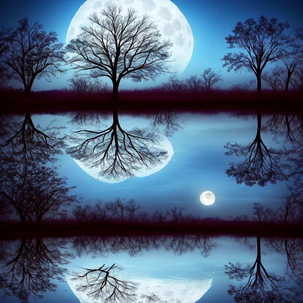 arafed image of a tree in a puddle with a full moon in the background, a photo by Igor Zenin, flickr, fantasy art, reflection of the moon, sandy white moon landscape, beautiful image ever created, beautiful!!! digital art, beautiful moonlight, gorgeous composition, moon landscape, surreal scene, beautiful moon light, amazing composition, beautiful art