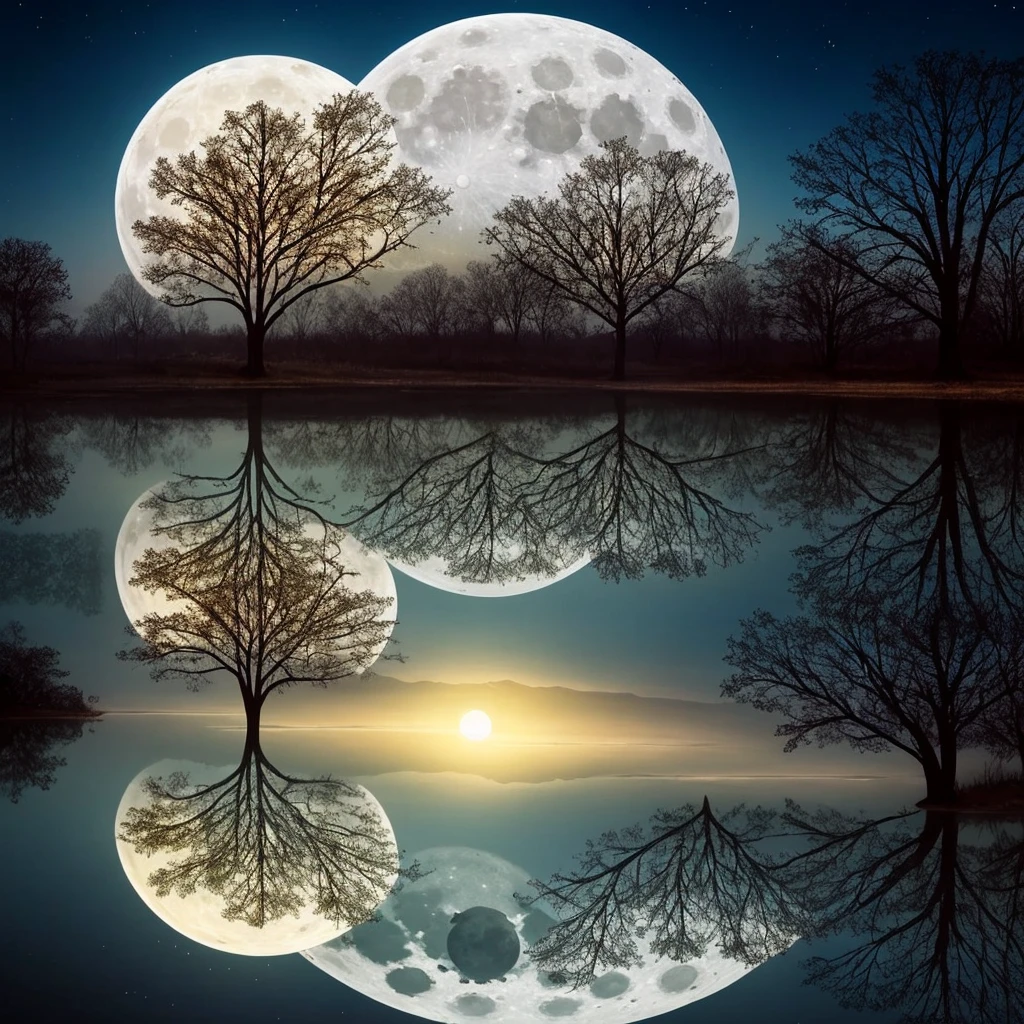 arafed image of a tree in a puddle with a full moon in the background, a photo by Igor Zenin, flickr, fantasy art, reflection of the moon, sandy white moon landscape, beautiful image ever created, beautiful!!! digital art, beautiful moonlight, gorgeous composition, moon landscape, surreal scene, beautiful moon light, amazing composition, beautiful art