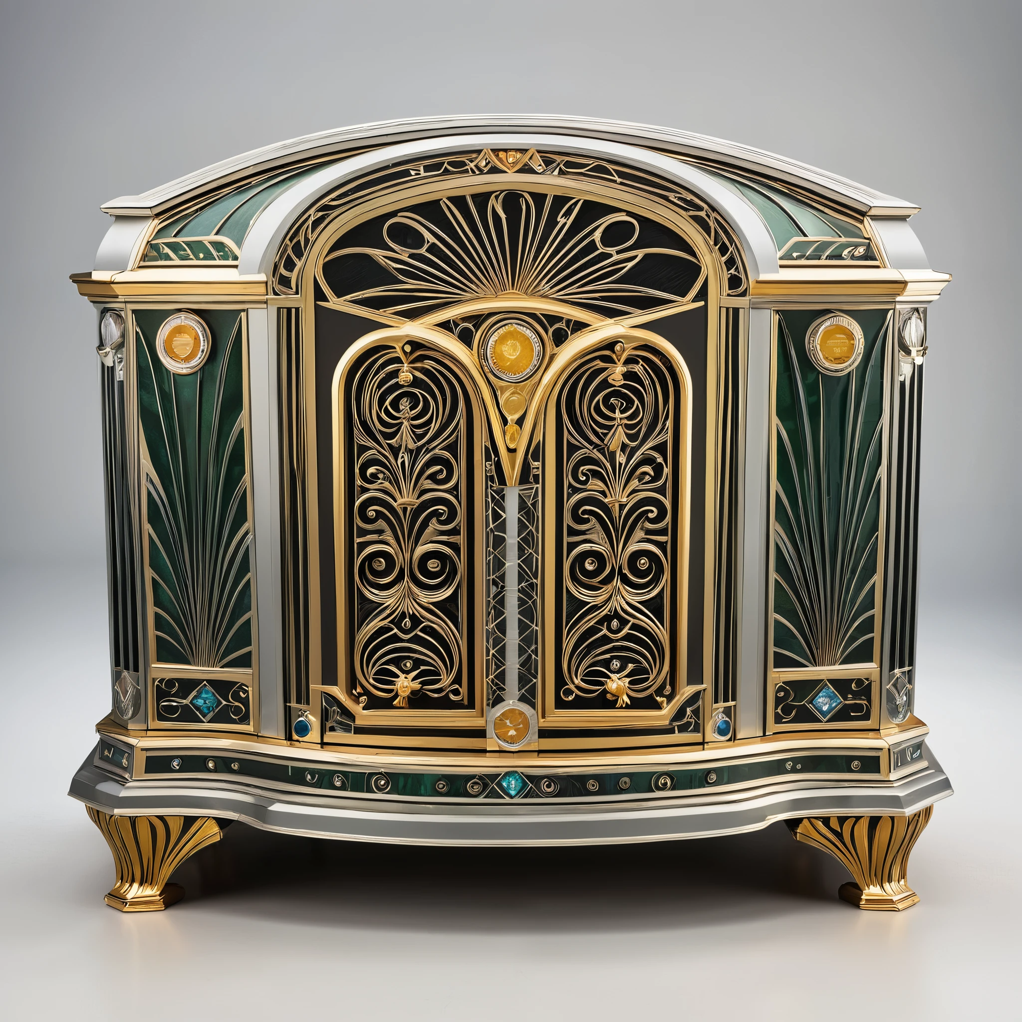 Large PLexx media server organized and neatly designed. Ornate micro detailed in Art Deco style using gold and silver.