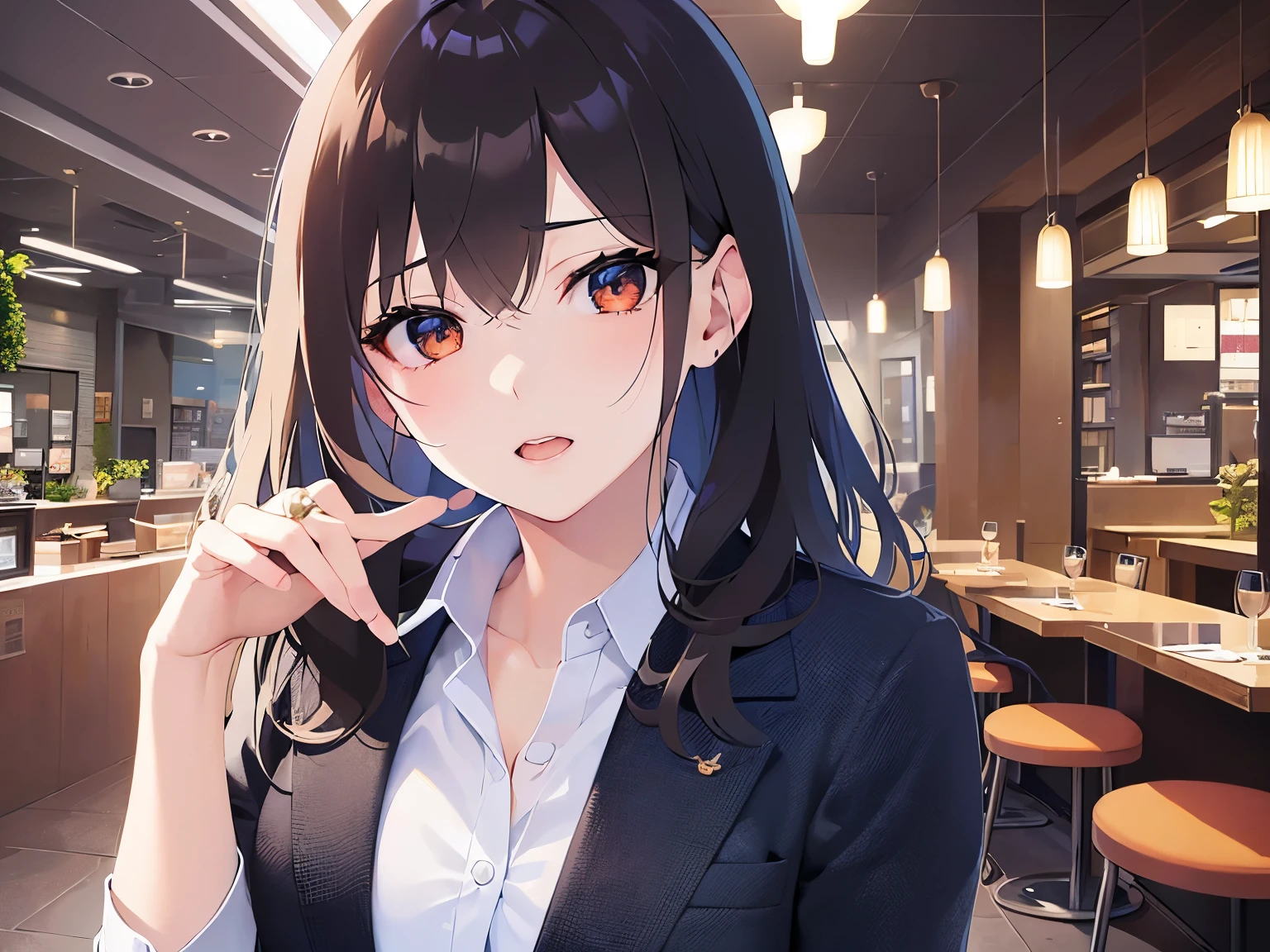 looking at viewer,Covering mouth with hands、
Realistic, real person, (pale skin: 1.2), RAW photo, photorealistic, shiny skin, shiny hair、 (A 35-year-old woman with medium-length hair and bangs) and (wavy hair) and (brown hair) and (Orange Eyes) (Wearing a business suit:1.5) and (Wearing a white collared shirt)
blush ,amazed、The background is the interior of a restaurant at night.、Alone、Wearing a black jacket、Cover your mouth with your hand