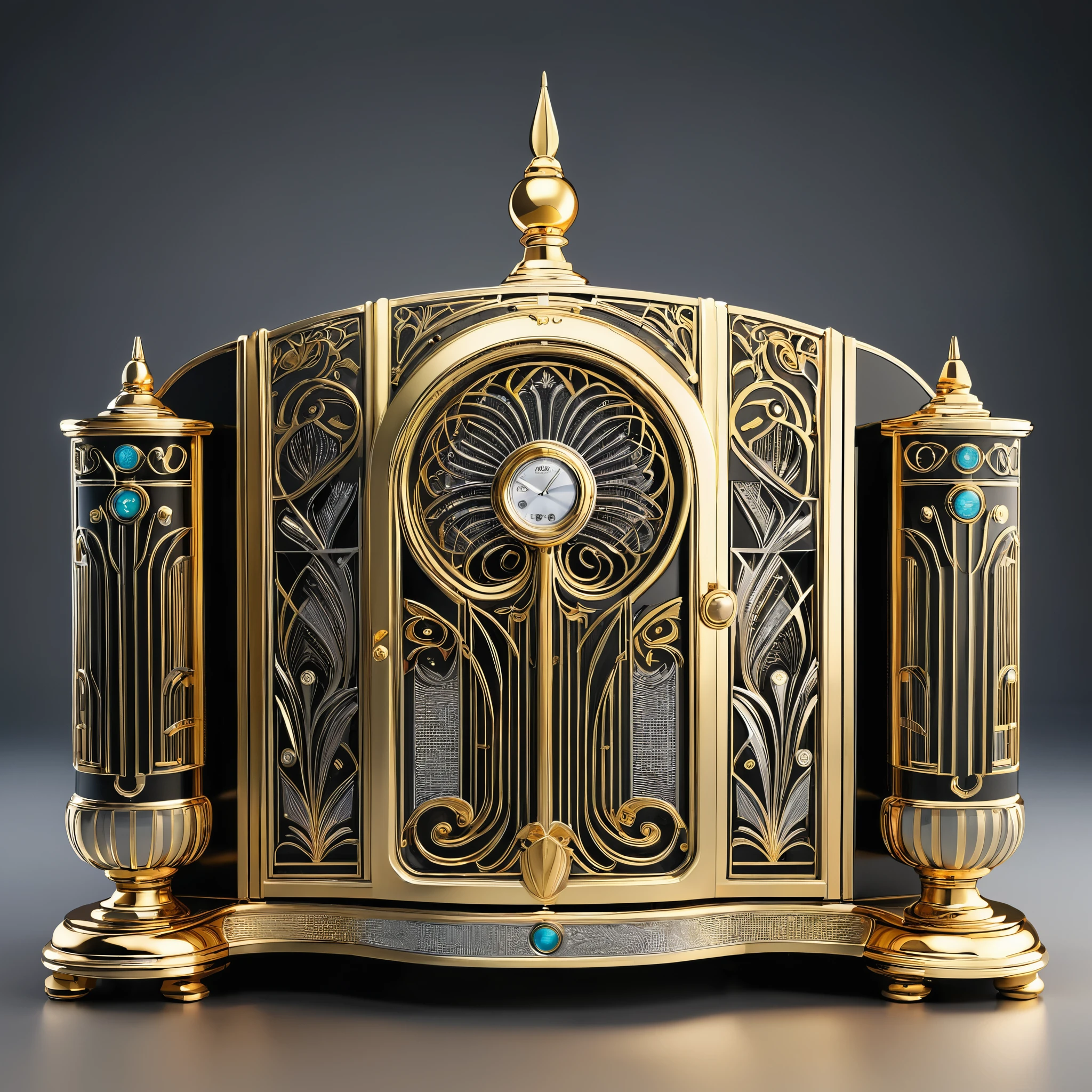 Large PLexx media server organized and neatly designed. Ornate micro detailed in Art Deco style using gold and silver.