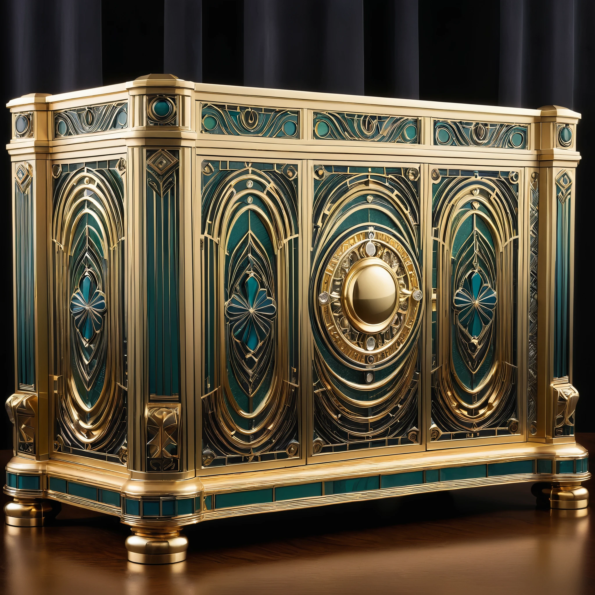 Large PLexx media server organized and neatly designed. Ornate micro detailed in Art Deco style using gold and silver.