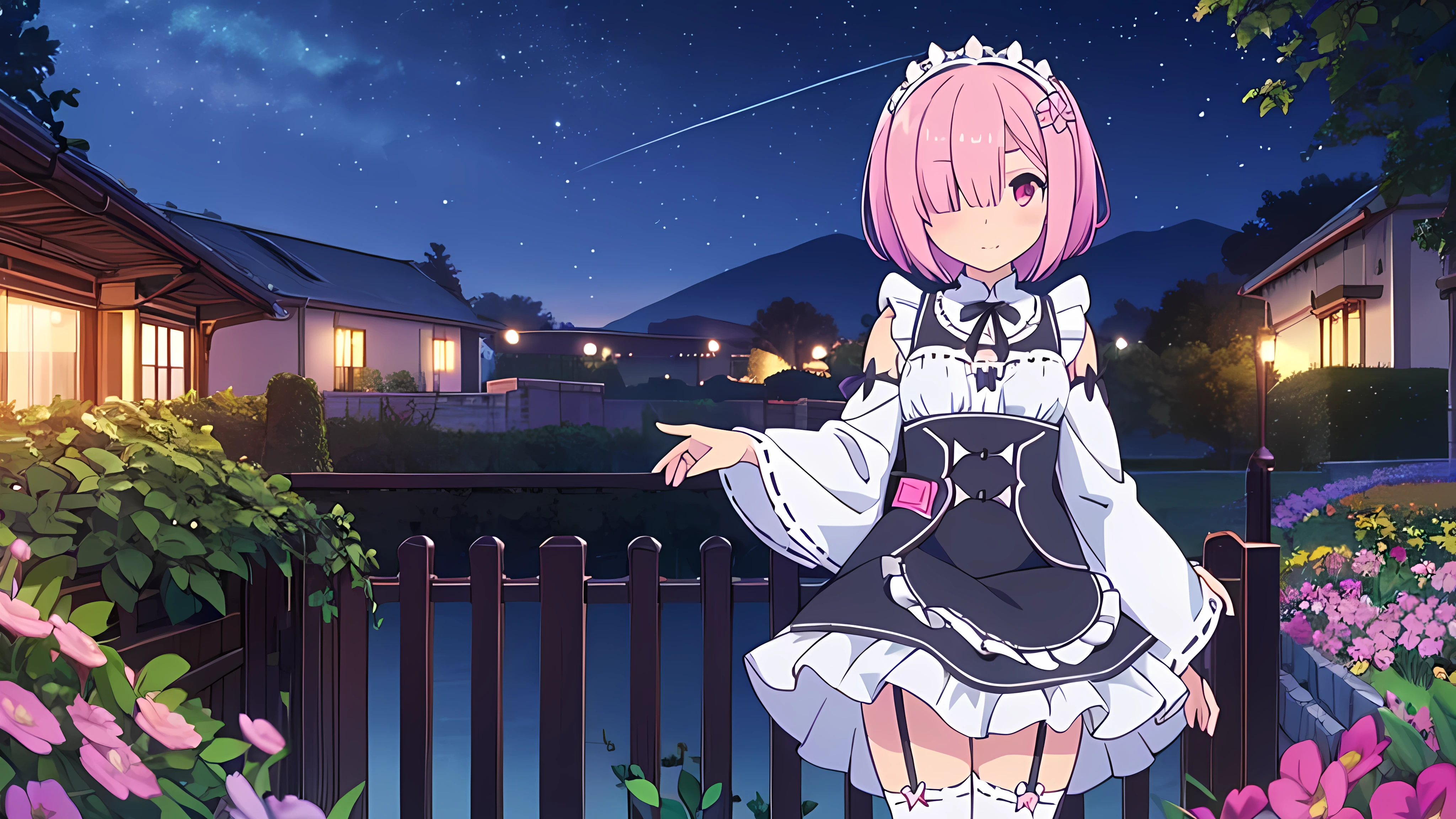 Masterpiece, Best Quality, high resolution, ram1, 1 girl, Alone, ram \(re:zero\), pink hair, white thighs, short hair, Red eyes, hair over one eye, ribbon ornament, hair band, x hair ornament, , maid headdress, waist apron, garter straps, black tie, small breasts, long sleeves, White apron, Neckband, purple ribbon, wide sleeves, hair flower,  beautiful garden at night with incredible starry night sky