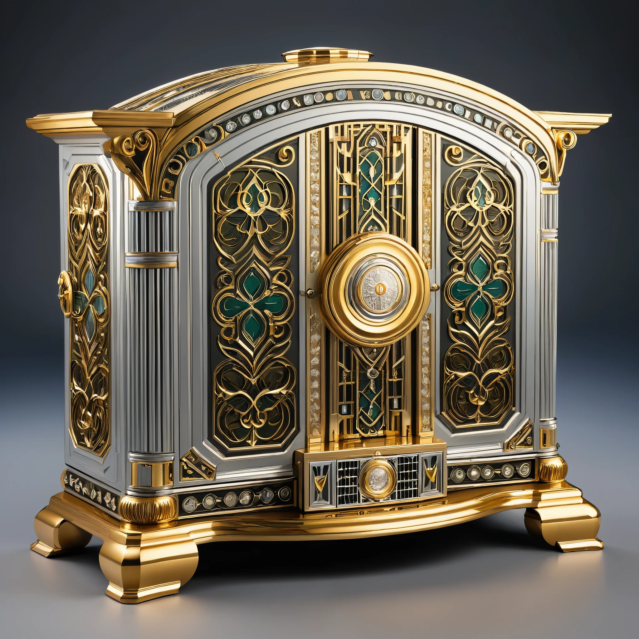 Large PLexx media server organized and neatly designed. Ornate micro detailed in Art Deco style using gold and silver.