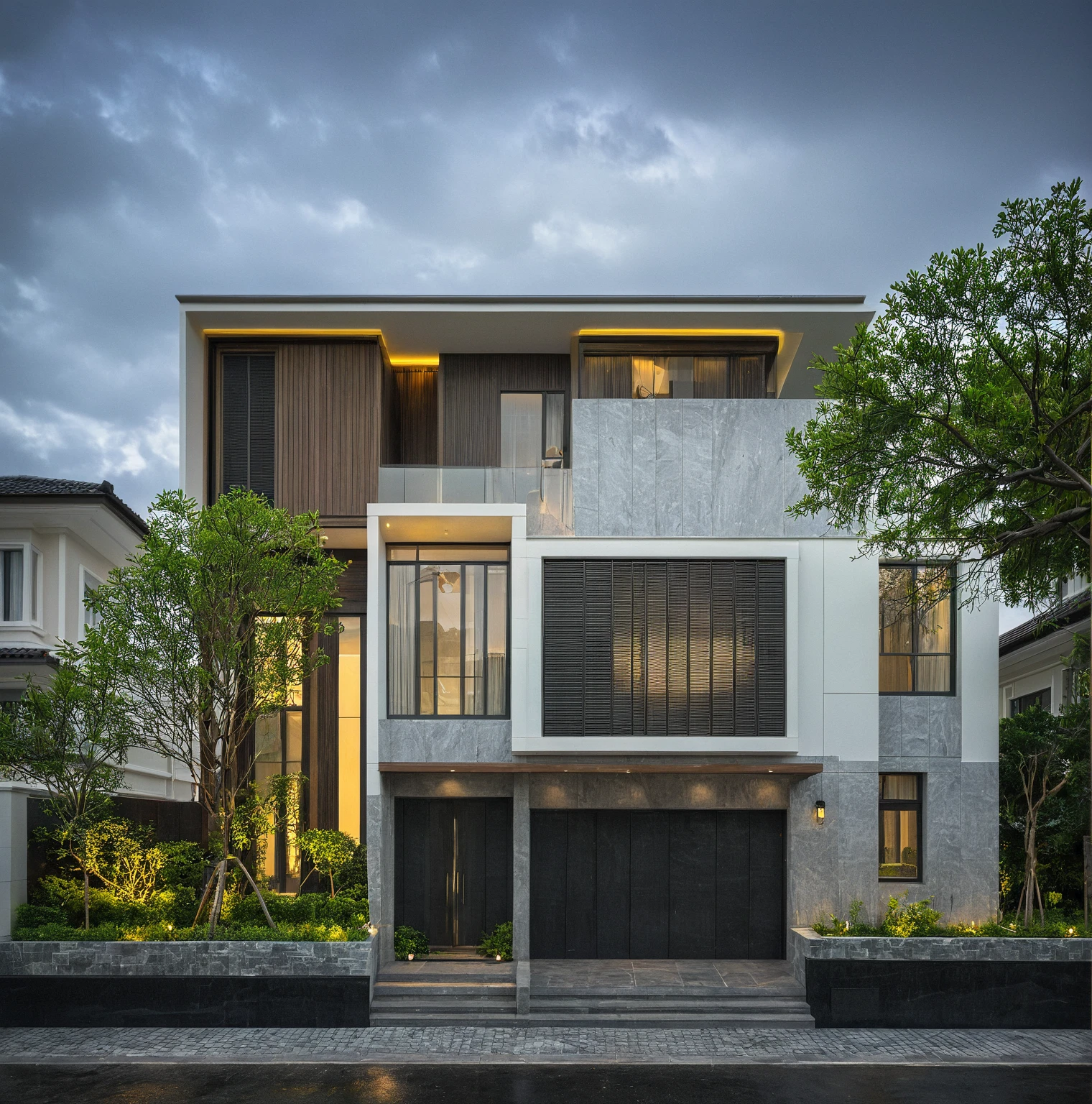 modern villa on street, (overcast lighting:1.2), tropical tree, vivid color, streetcapes, nice sky, grey and wwhite tone, (large glass door:1.2), warm interior lighting, modern material, best quality, ultra realistic, masterpiece, 17ArchiAI_XL_VL-v1