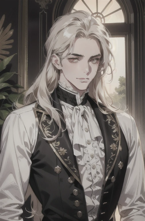 (absurdities, A high resolution, ultra detailed),(absurdities, A high resolution, ultra detailed), 1 person, adult, Beautiful, tall and muscular guy, big shoulders, finely detailed eyes and a detailed face, long light hair, large 18th century baroque mansion, USA, noble, aristocratic, elegant, Organized, Funny, sunset, Scenario, Smile Upper Body, attractive, Red eyes