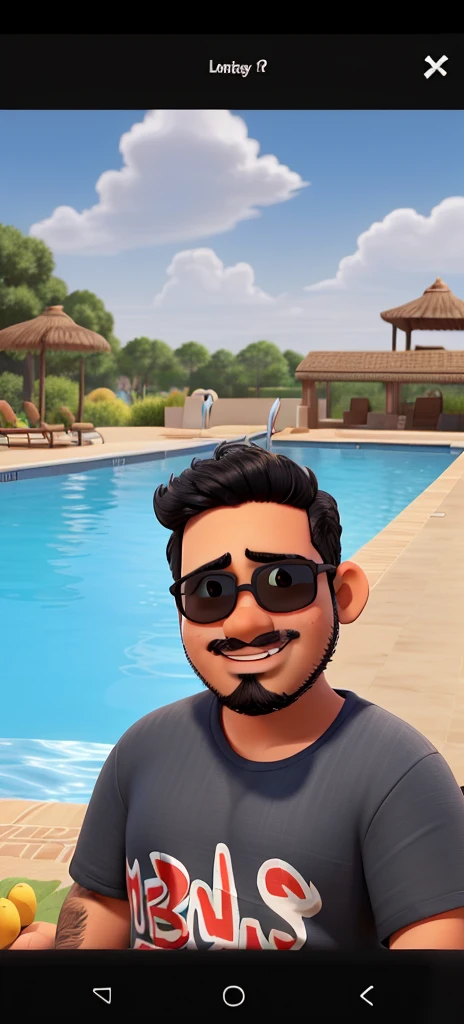 A slightly chubby boy, with black eyes, hair, beard and mustache, dark skin, wearing sunglasses, on the edge of the pool on a sunny day, features of an Indian prince, round face, slightly protruding cheekbones, smiling for the photo .