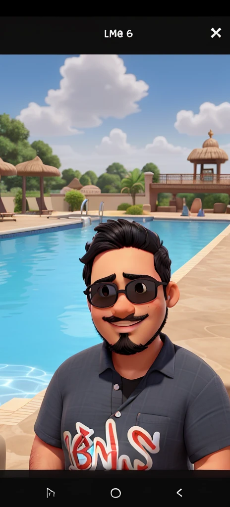 A slightly chubby boy, with black eyes, hair, beard and mustache, dark skin, wearing sunglasses, on the edge of the pool on a sunny day, features of an Indian prince, round face, slightly protruding cheekbones, smiling for the photo .