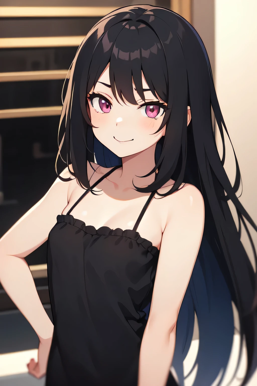 The girl with long black hair and pink eyes smiled very mischievously and evilly.