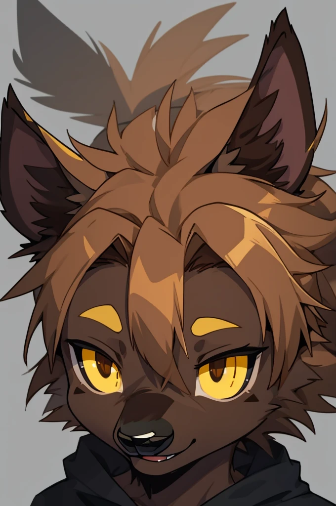simple sticker art of a happy hyena. yellow sclera, brown hair on head
