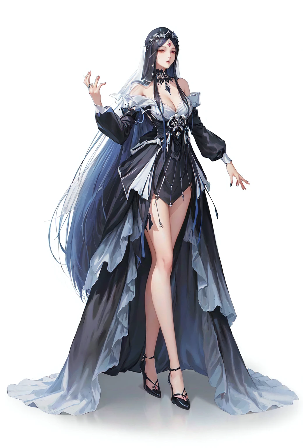 Arafi woman in black dress and white veil, Dark witch full body pose, Cute anime girl in a beautiful skirt, Onmyoji detailed art, Gothic girl anime girl, Beautiful and charming anime woman, Beautiful full body concept art, Anime woman full body art, Kushat Krenz Key Women in Art, Anime full body illustration