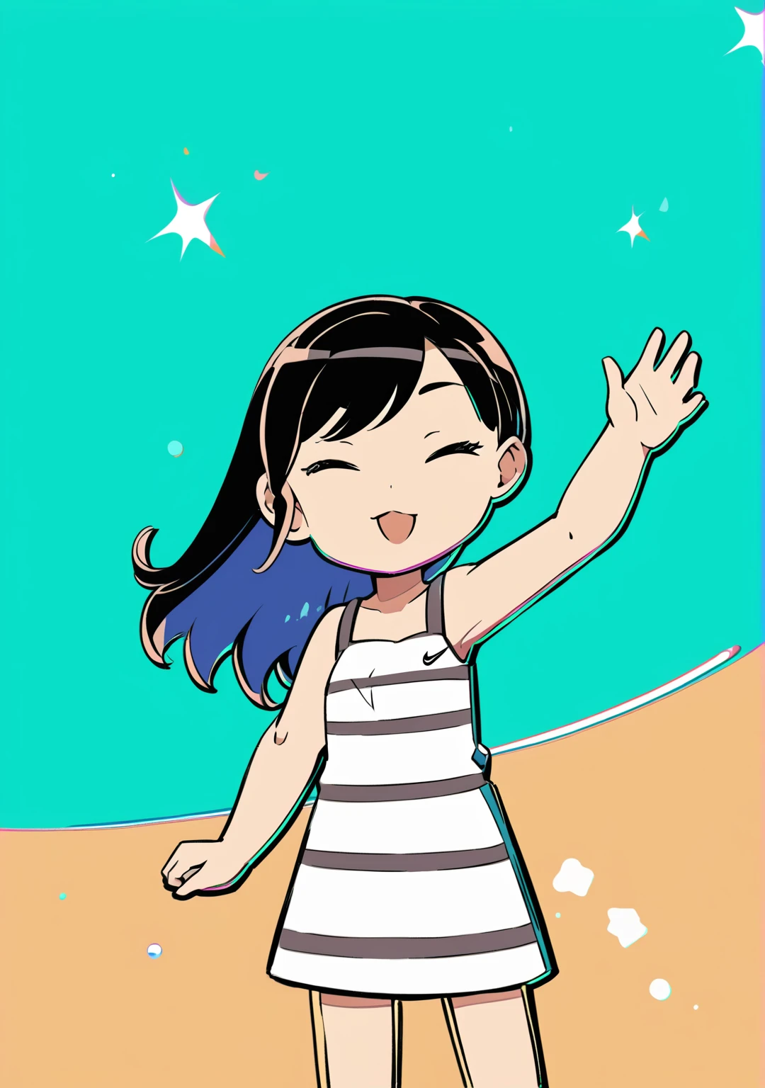 strong light, Sparkling emerald sea, nike style, In a Japanese anime style, 1 woman, hand waving pose, black hair, Secret two tone, hair that is blue on the inside, light skin, striped dress,